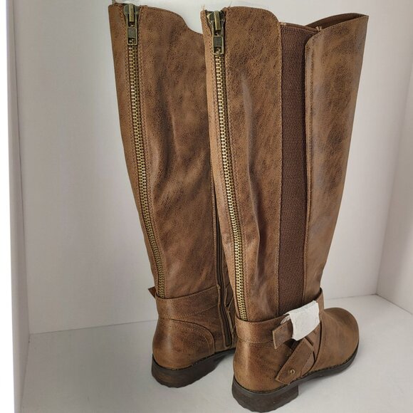 Women's Brown Knee-High Riding Boots With Buckle & Zipper Elastic sides Size 6 N - Picture 4 of 10